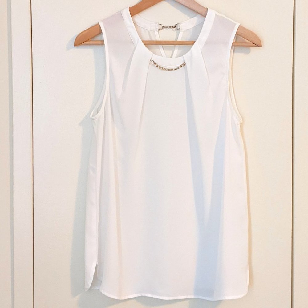 Sleeveless White Blouse with Gold Chain Detail